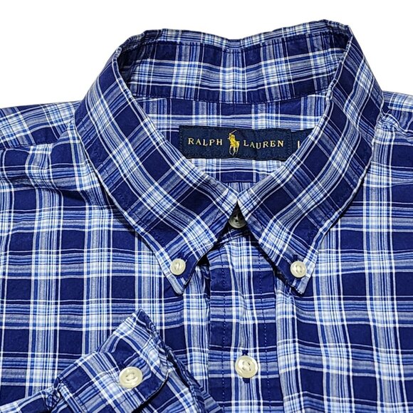 Ralph Lauren‎ Blue Plaid Button-Down Shirt L Mens Cotton Classic Fit Long Sleeve - Picture 1 of 8